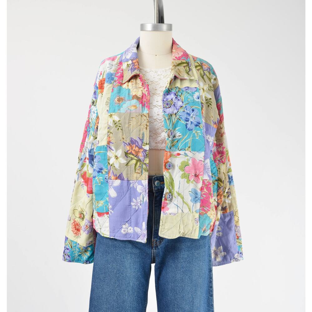 Vintage 90s Floral Quilted Jacket Patchwork Cottagecore Boho Jacket M - Picture 2 of 10